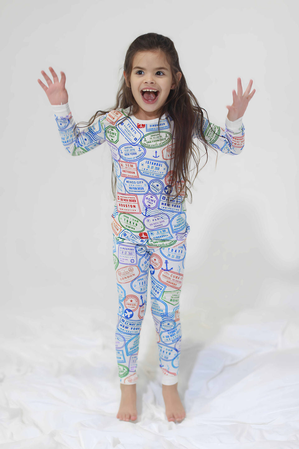 Travel Toddler Pajamas, Passport stamp bamboo pajamas, jumping