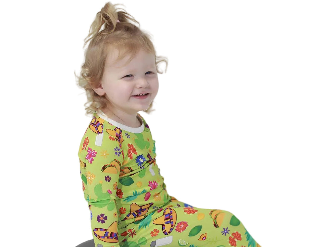Toddler Sitting on Stool with Super Stretchy Lime Green Bamboo Pajamas